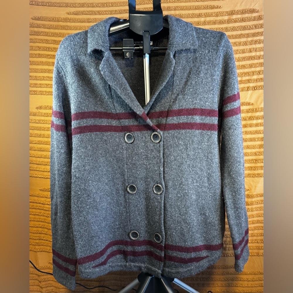 Ruff Hewn Grey & Burgundy Striped Double Breasted Wool Blend Cardigan - Large